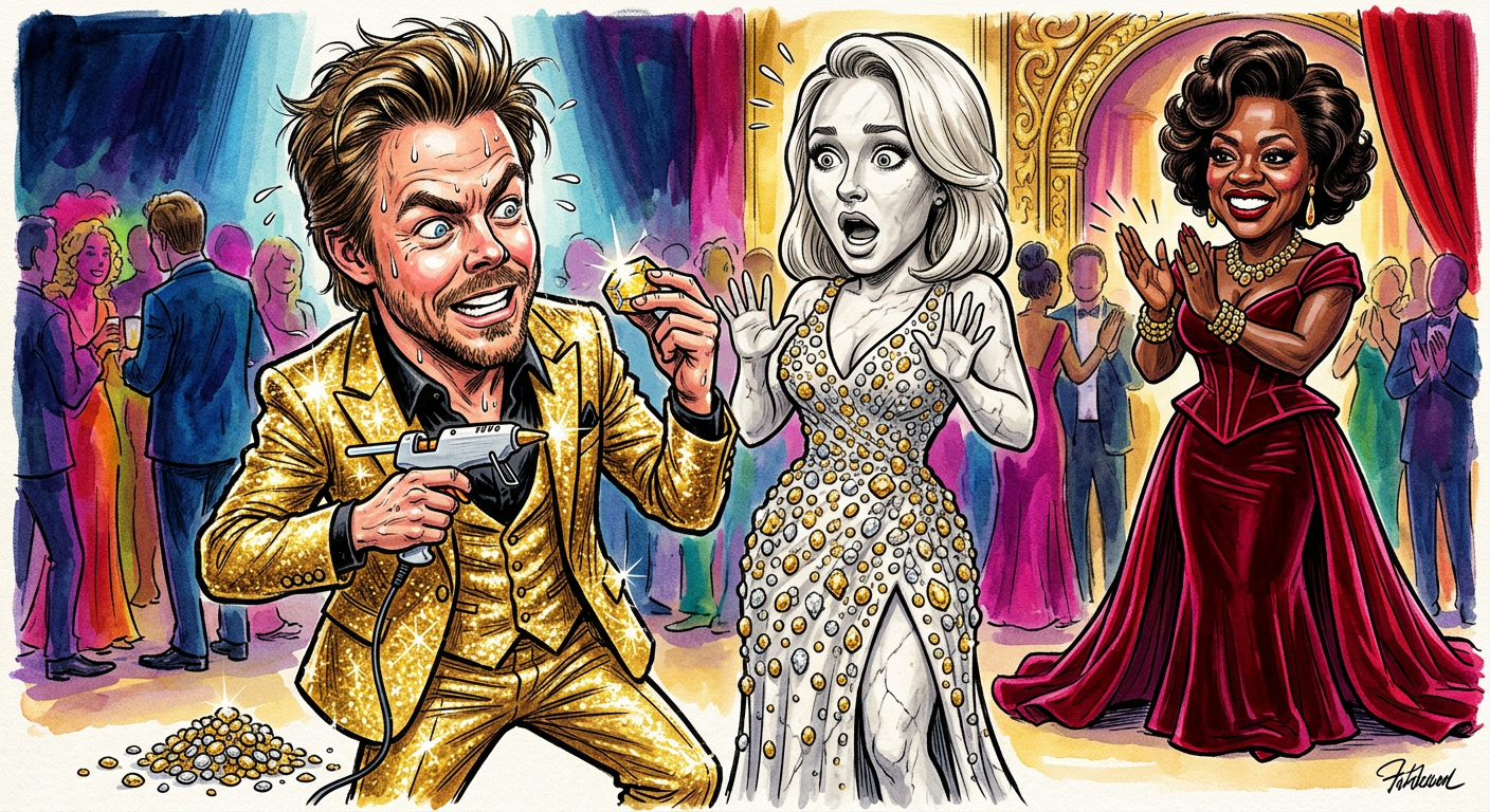 A caricature of the article Derek Hough Demands Mirror Ball Trophy Be Remade Into Giant Golden Panettiere Statue showing the dancer decorating a statue.