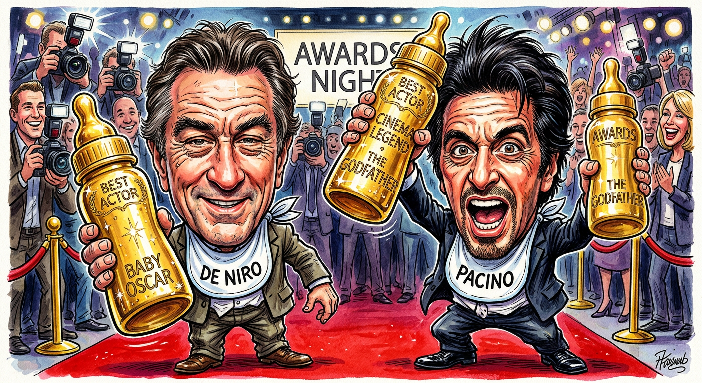 A caricature of two elderly actors illustrates the story Geriatric Dads Ditch The Prunes For Diapers In Hollywood Nursing Home Nursery Boom.