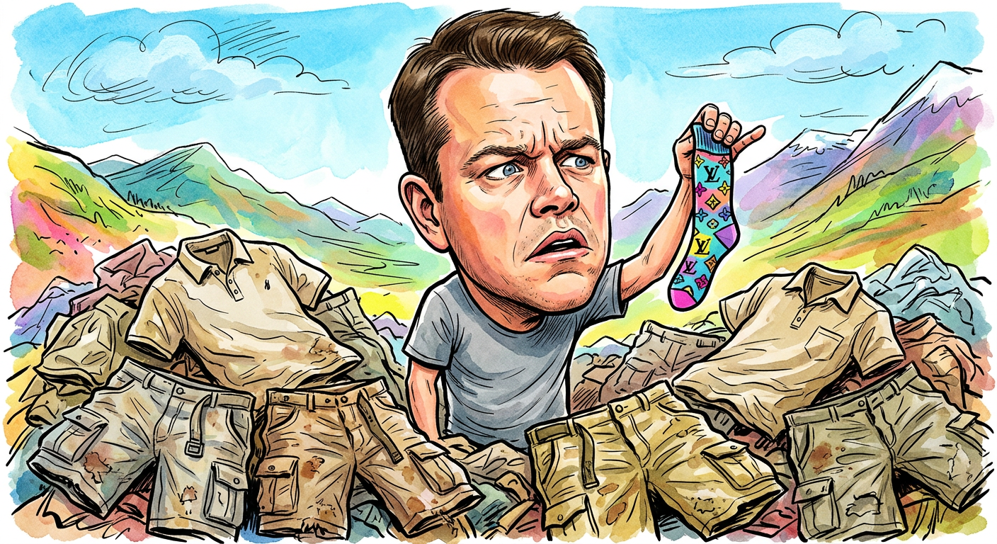 A satirical illustration for the article Matt Damon Founds New Charity Dedicated to Saving His Own Failing Casual Wardrobe showing the actor drowning in baggy clothes.