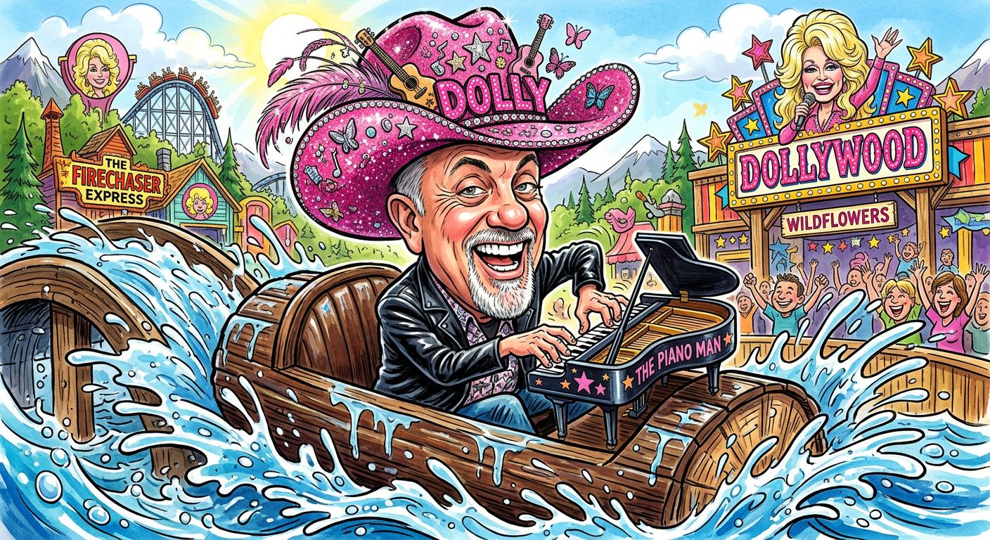 A caricature of the performer illustrating the story Piano Man Billy Joel Banned From Dollywood After Attempting To Play The Log Flume by showing him playing music on a water ride.
