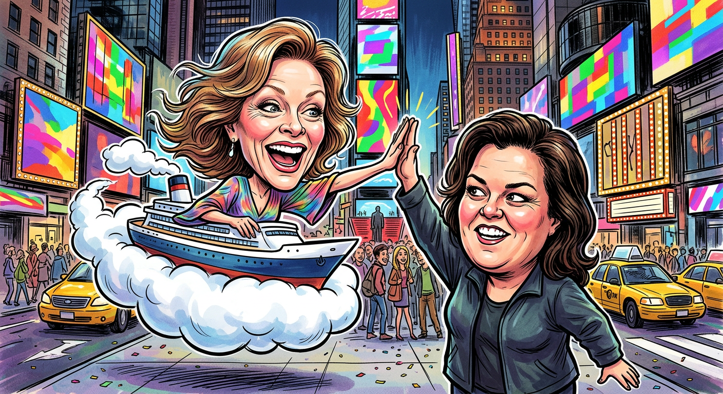 A hand-drawn caricature illustrating the story Titanic Star Claims Sky Magic Sent Her Directly Into Rosie O’Donnell’s Personal Bubble, showing Frances Fisher descending from a cloud toward the comedian.