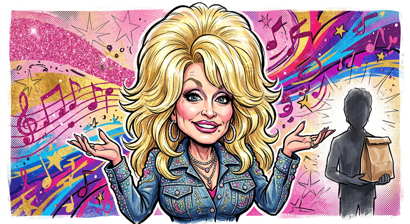 A caricature illustrating Dolly Parton Admits Marriage Is Mostly Just Deciding Which Wig Gets The Pillow, showing the singer surrounded by floating wigs.