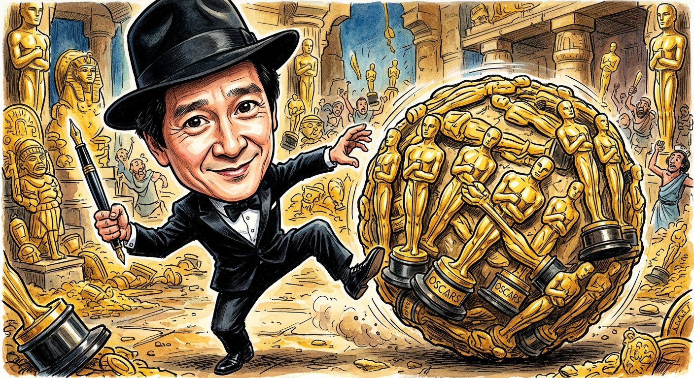 A caricature of the actor for the article Short Round Grows Up: Ke Huy Quan Reveals Every Hidden Secret Tunnel Location shows him dodging golden trophies in a cave.