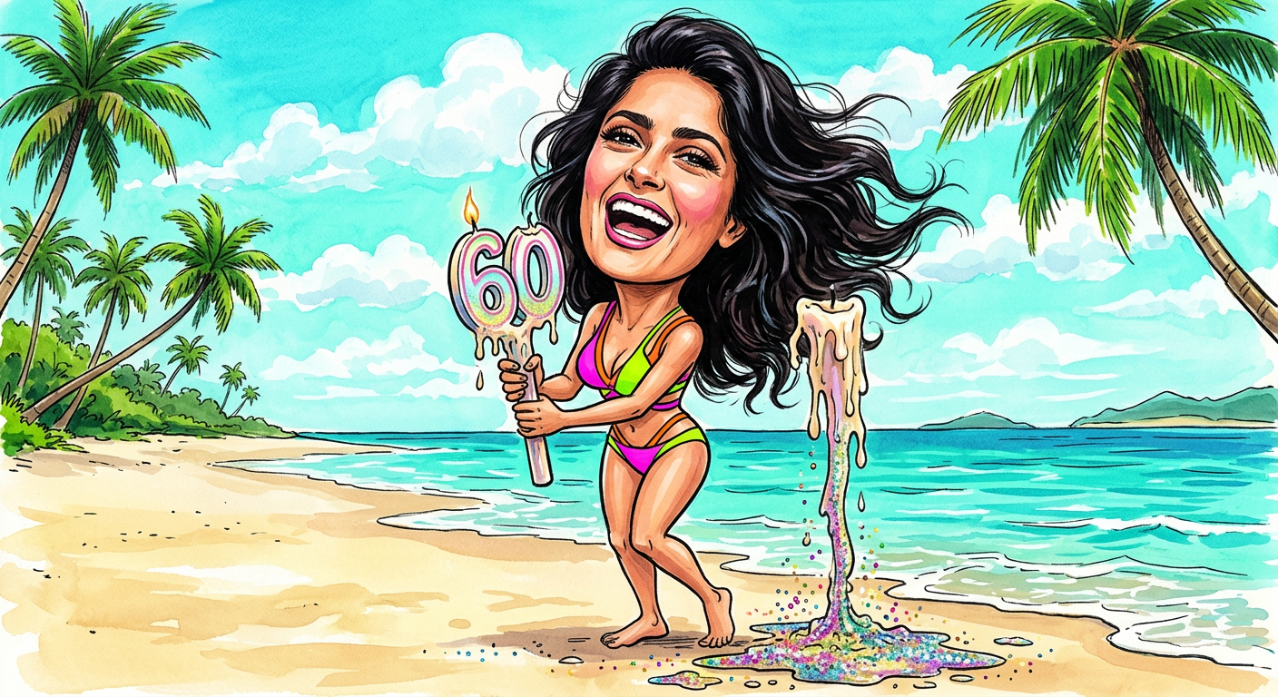 A colorful caricature illustrating the story Salma Hayek Reveals Secret to Immortality Is Simply Owning Too Many Bikinis, showing the actress posing on a beach.