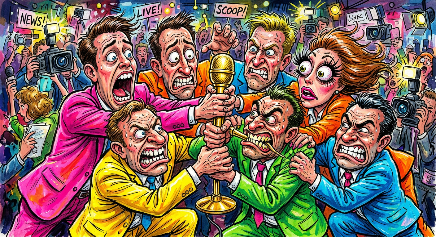 A group of hyper-expressive media personalities fighting for a microphone illustrates EIGHT DESPERATE FASHIONISTAS BATTLE IN GLITTERY PIT FOR EMMY RED CARPET GLORY.
