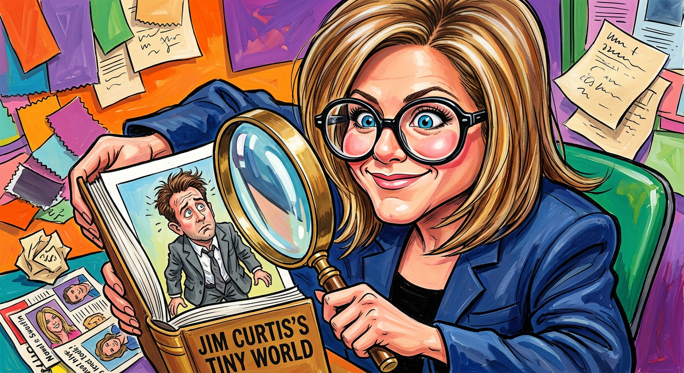 A caricature illustrating the story Jen Aniston’s New Full-Time Job Is Choosing Fonts for Her Boyfriend’s Boring Book showing the actress scrutinizing a book cover with a magnifying glass.