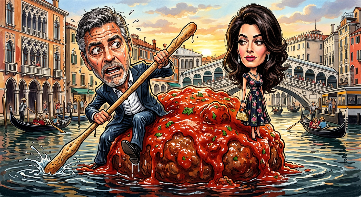 A caricature of the celebrity couple for the story George Clooney Exits Venice by Slowly Floating Away on a Giant Polished Meatball.