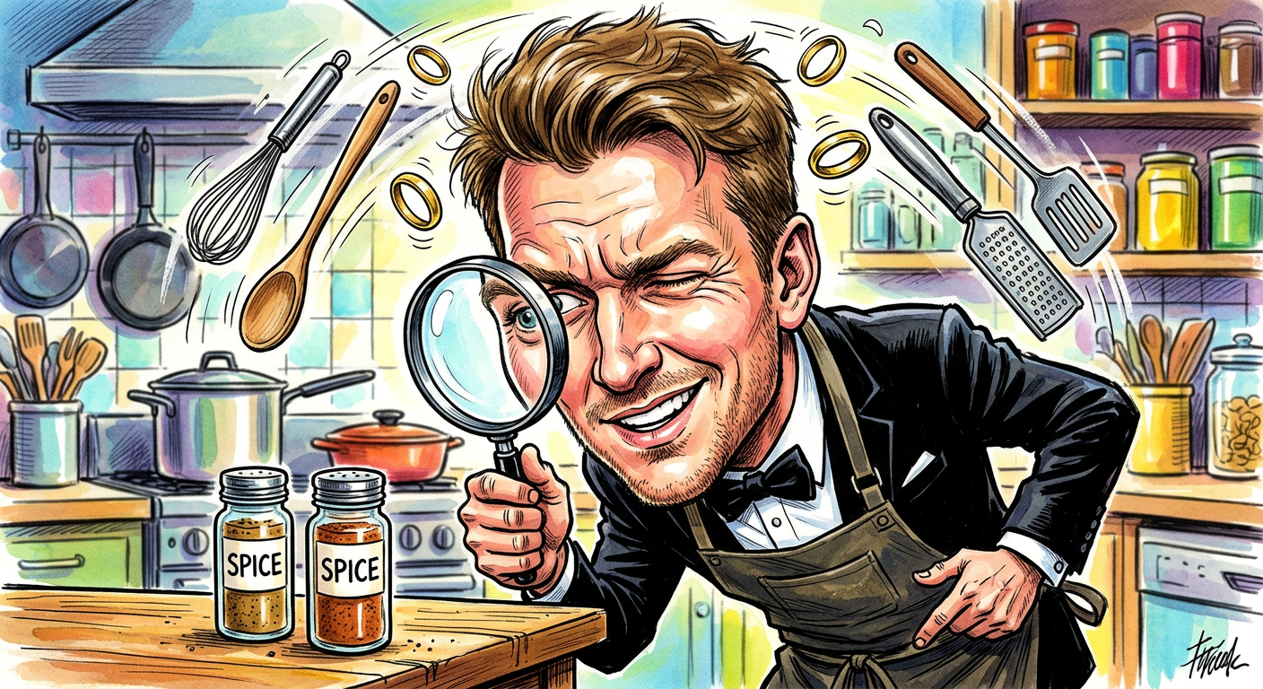A caricature of the actor illustrates the story Scott Michael Foster Claims He Can Now Successfully Identify All His Wife’s Spices.