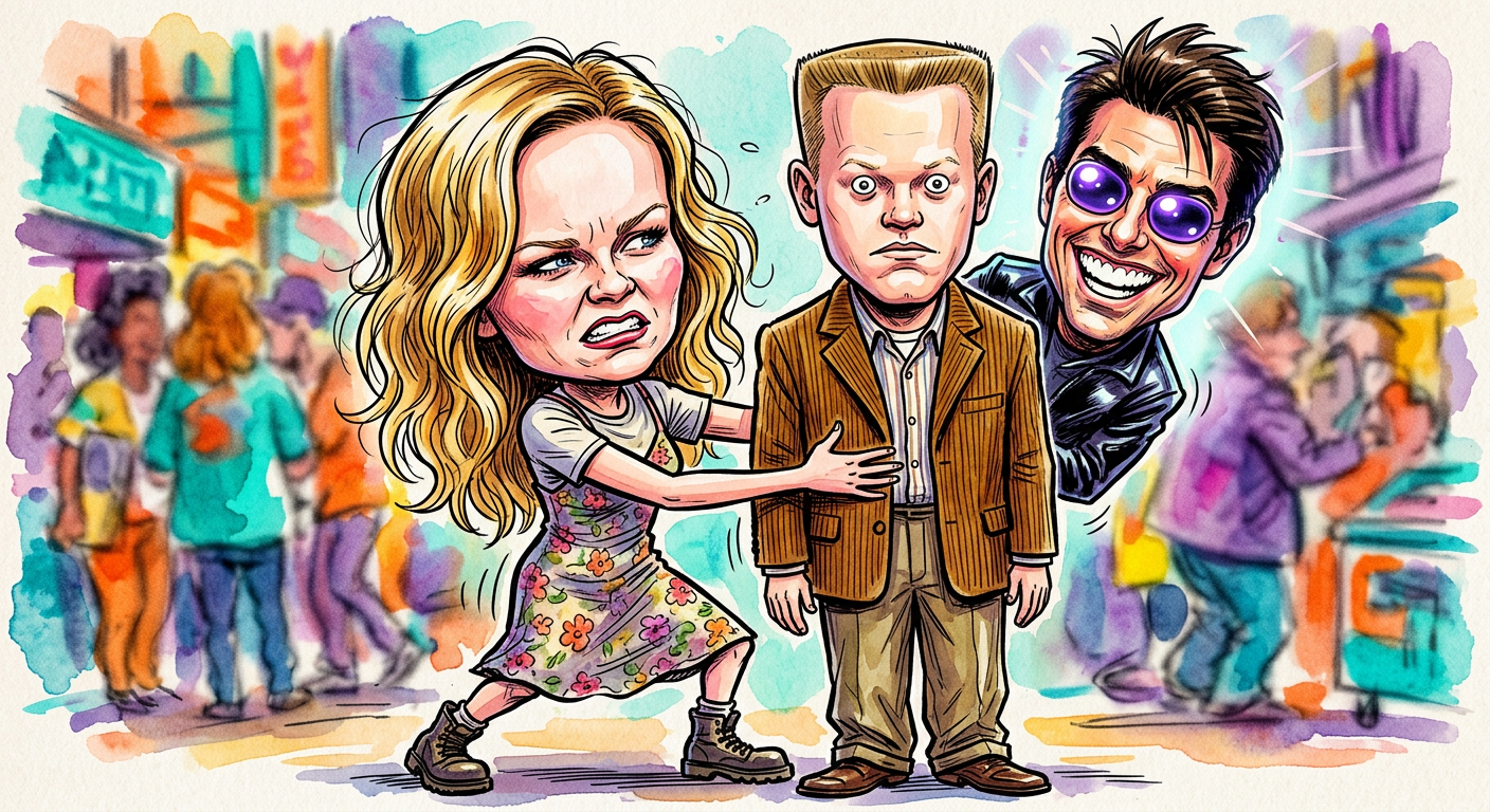 A satirical caricature illustrating the story Jesse Plemons Refuses To Blink At Premiere As Kirsten Dunst Holds His Eyelids Open, showing Kirsten struggling to keep Jesse upright.