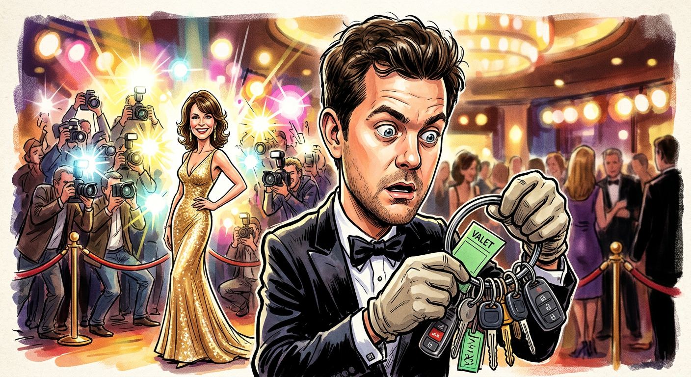 A satirical illustration depicting the article Dawson’s Creek Reunion Thwarted As Joshua Jackson Mistaken For Local Valet showing the actor juggling car keys on a red carpet.