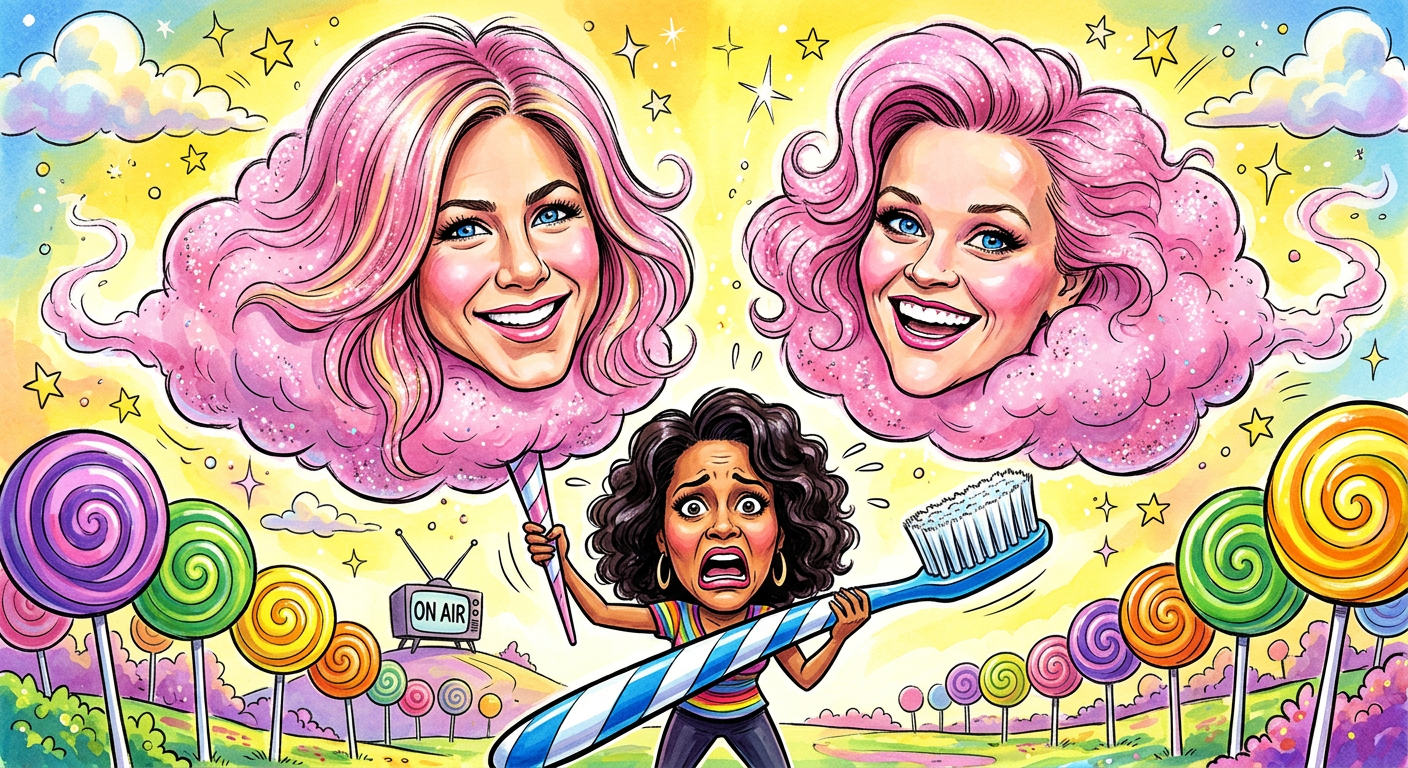 A caricature illustrating the article Shari Belafonte Claims Aniston and Witherspoon Are Actually Sentient Clouds of Pure Sugar by showing the actresses as pink candy puffs.
