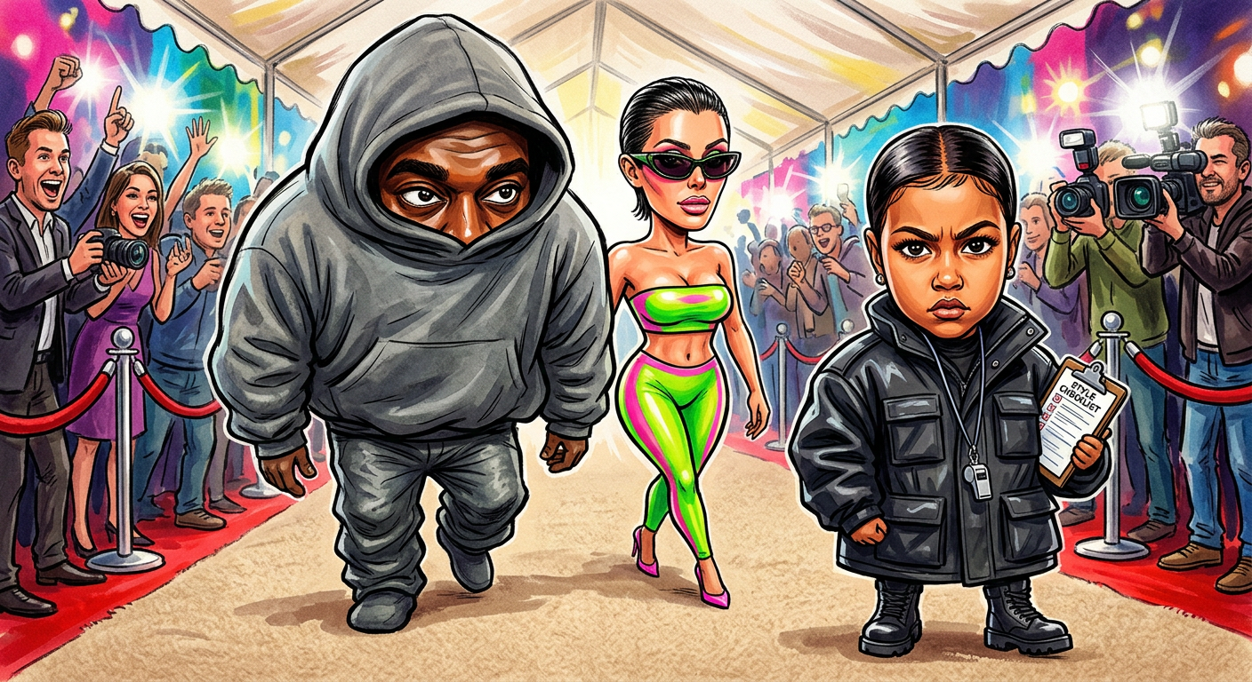 A colorful caricature depicting North West Takes Over Stylist Duties as Kanye and Bianca Lose Their Pants while the family wears matching monochromatic outfits.