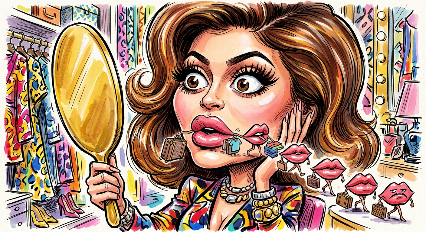 A caricature illustrating the story A-List Lips Resign in Protest After Kylie Jenner Expresses Bitter Cosmetic Remorse, showing a celebrity's facial features leaving her face.