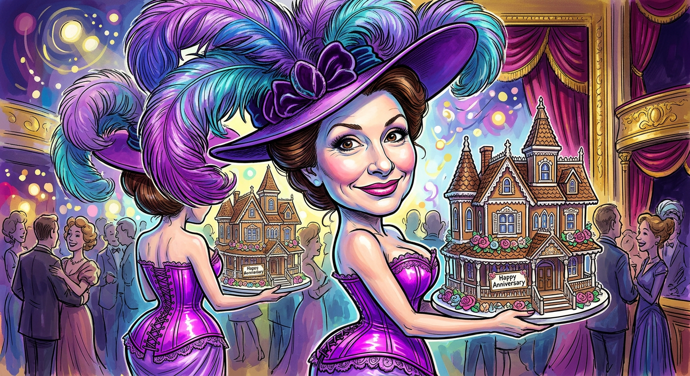 A caricature of the actress for the story Gilded Age Star Donna Murphy Demands Corsets Be Worn During All Romantic Dinners showing her in extreme historical formalwear.