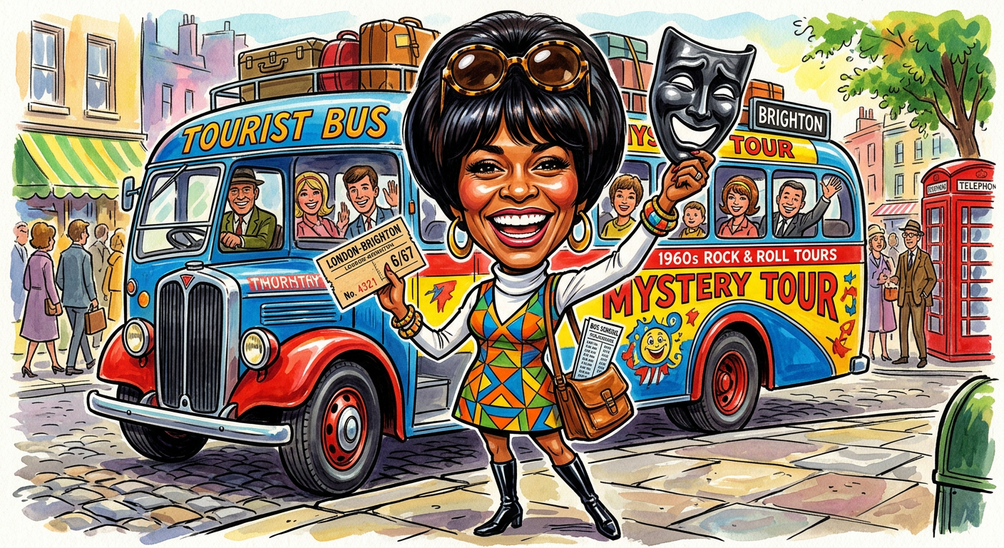 A caricature of the actress for the article Room 222 Legend Denise Nicholas Reveals Secret Past As 1960s Bus Tour Diva showing her in front of a theater bus.