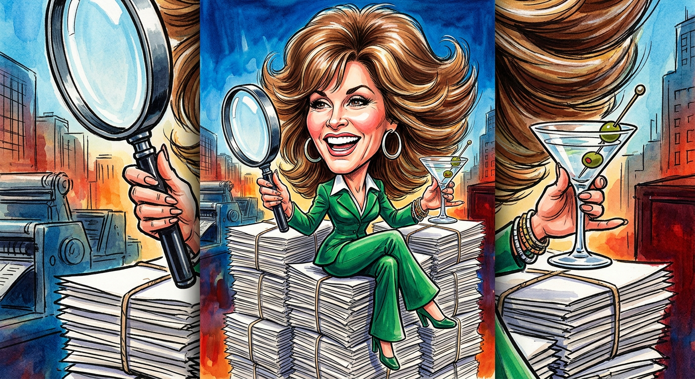 A caricature of the actress for the article Stefanie Powers Credits Career Success to Lazy Paperboys and Silent Printing Presses showing her sitting on blank newsprint.