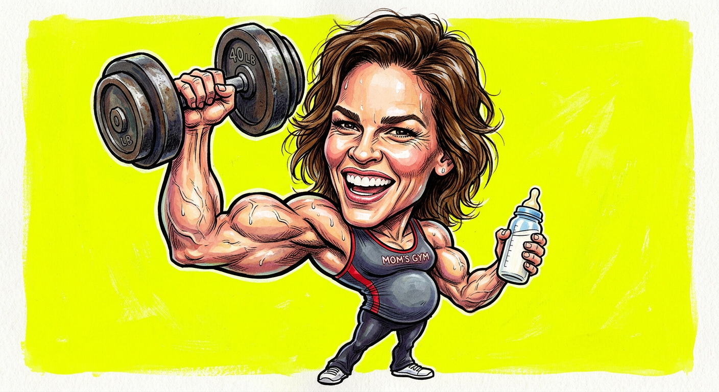 A caricature of the actress for the story Hilary Swank Demands Multi-Million Dollar Baby With Abs Of Steel To Match Hers showing her lifting weights while pregnant.