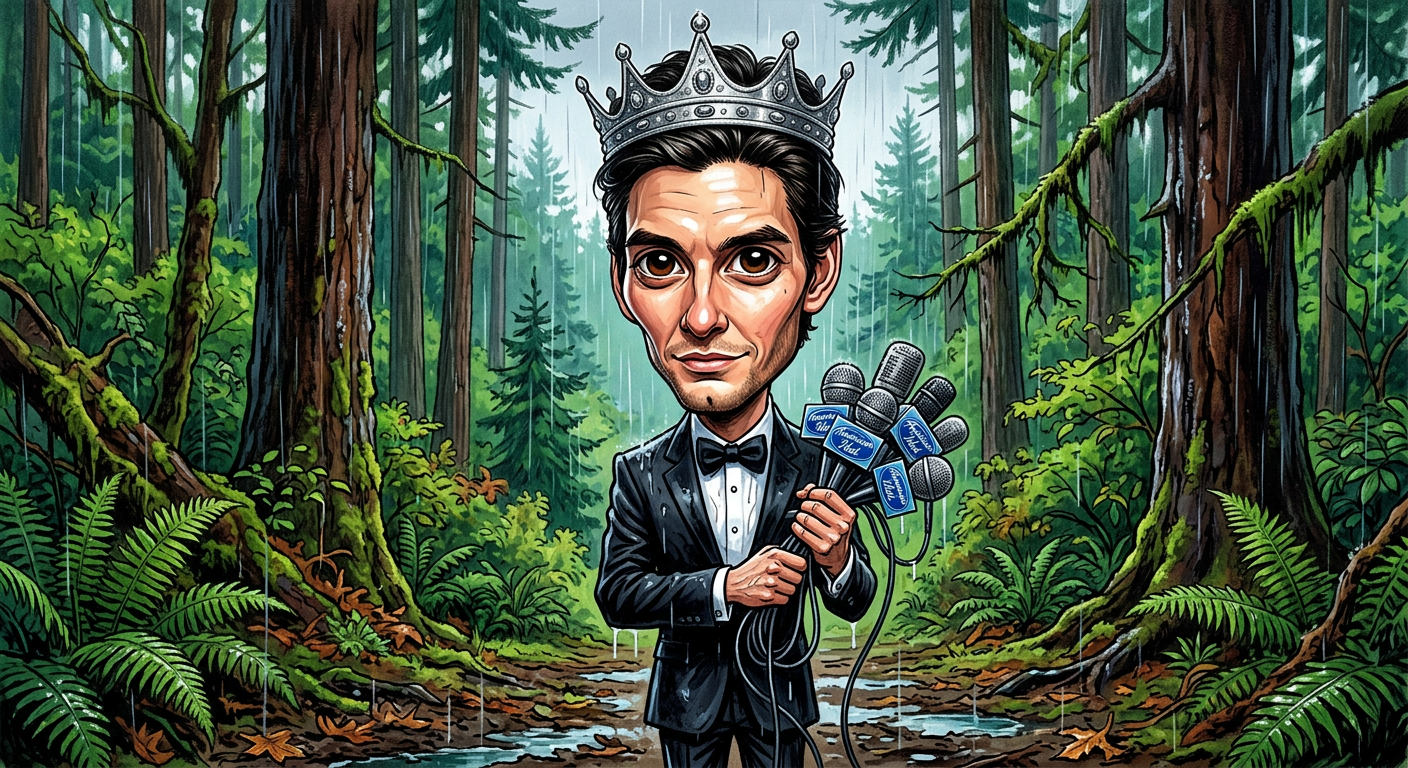 A caricature of Ben Barnes at his wedding, illustrating the headline Caspian No More: Ben Barnes Ditches Magical Wardrobe for Matching Oregon Raincoats.