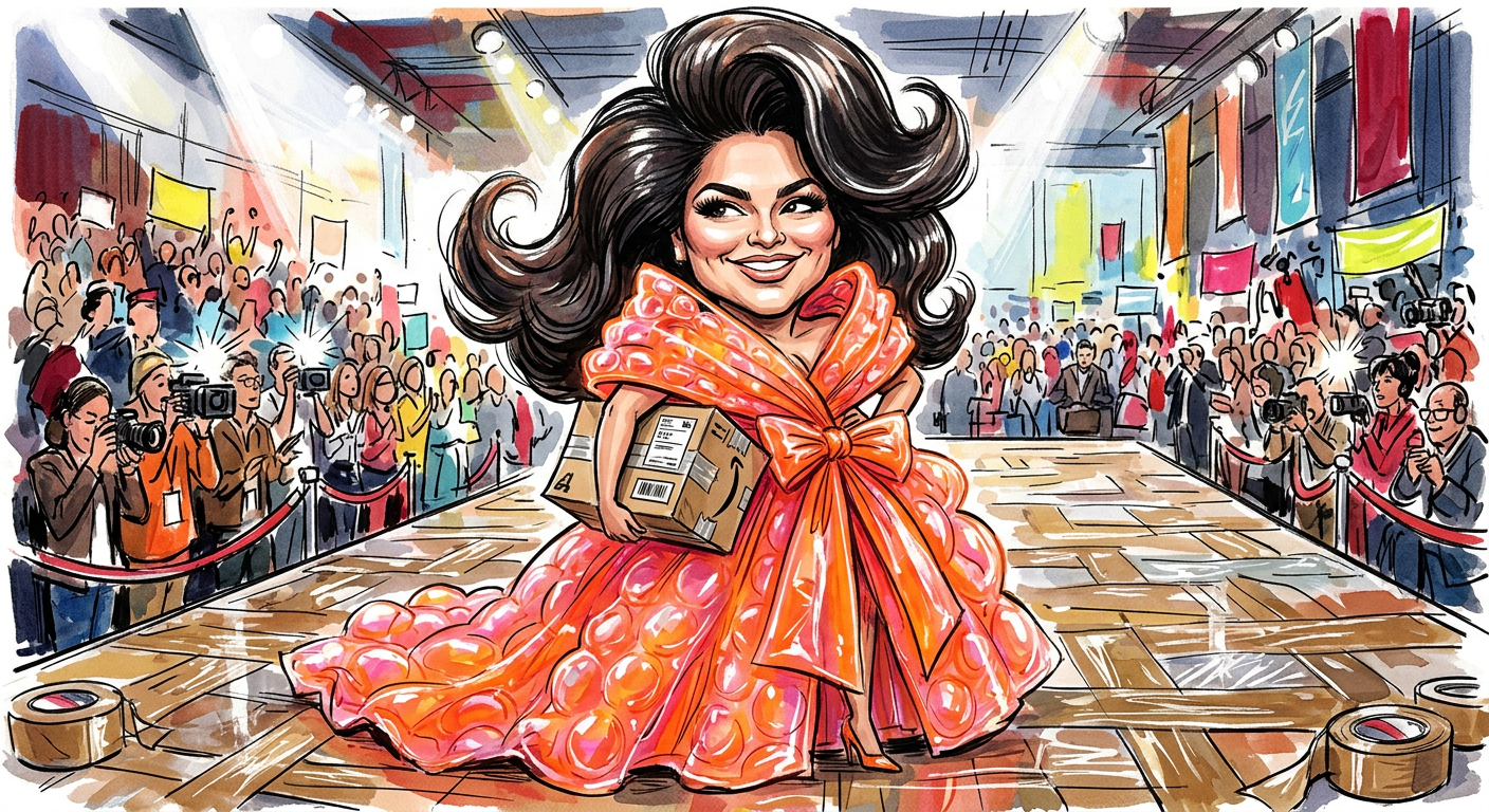 A caricature of a fashion expert wearing plastic packaging to illustrate the article Stylist Demands We Wear Amazon Bubble Wrap to Survive the Year 2026.
