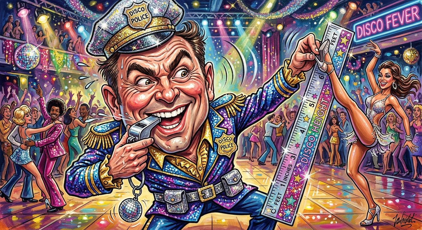 A caricature of the dancer acting as a ballroom sheriff, illustrating the story Glitter Cop Louis van Amstel Issues Citizen’s Arrest Over Illegal Lift Scandal.