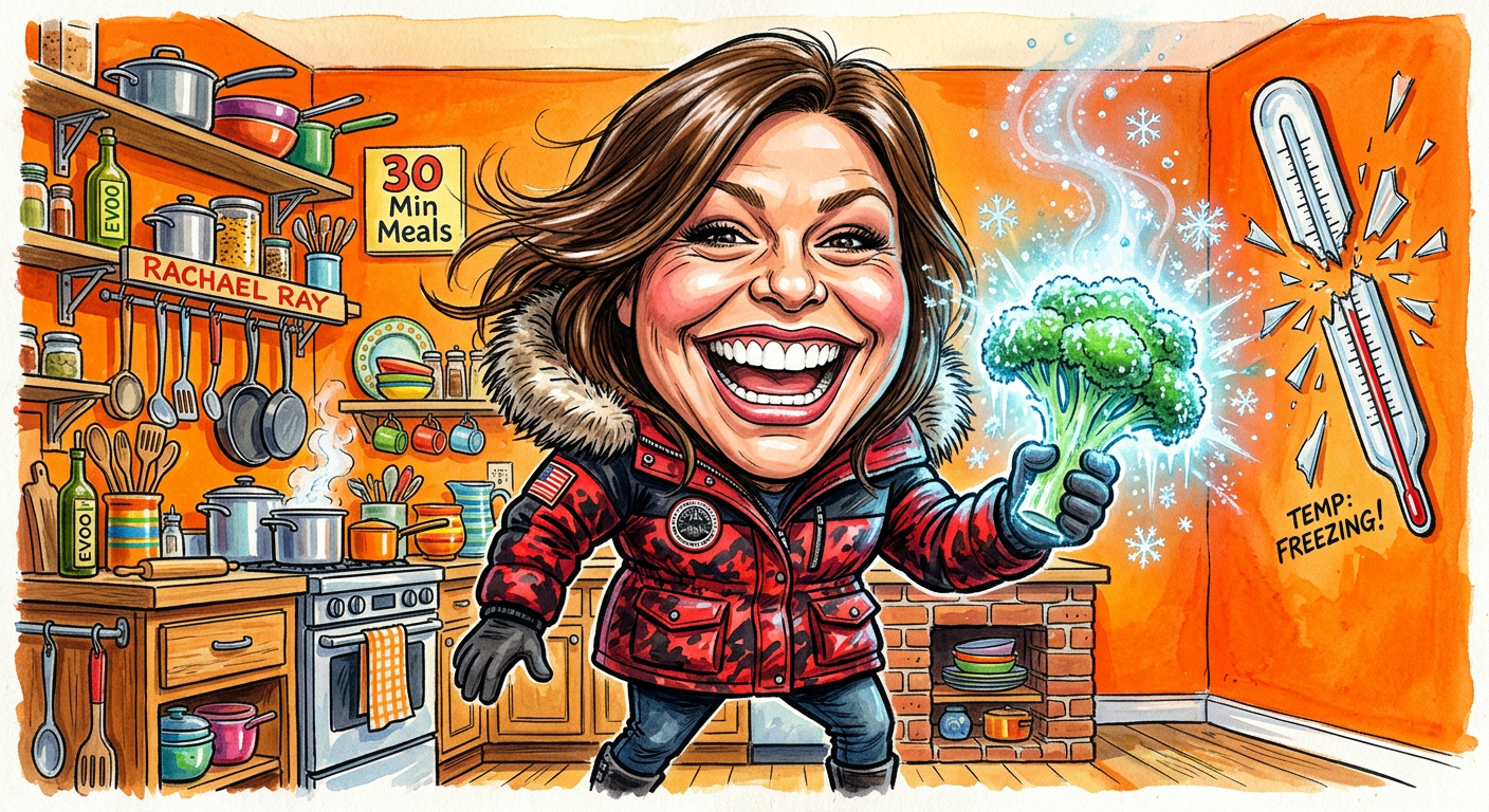 A caricature of the celebrity cook holding frozen vegetables to illustrate the story Rachael Ray Claims a Stalk of Celery Can Actually Freeze Hot Flashes Fast.