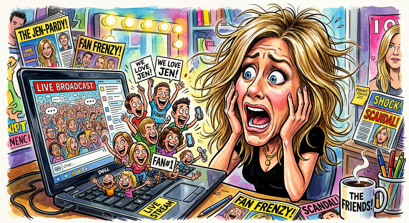 A caricature of a celebrity panicking at a computer illustrates the article A-Listers Panic as Subscription Service Promises to Finally Reveal Who They Are.