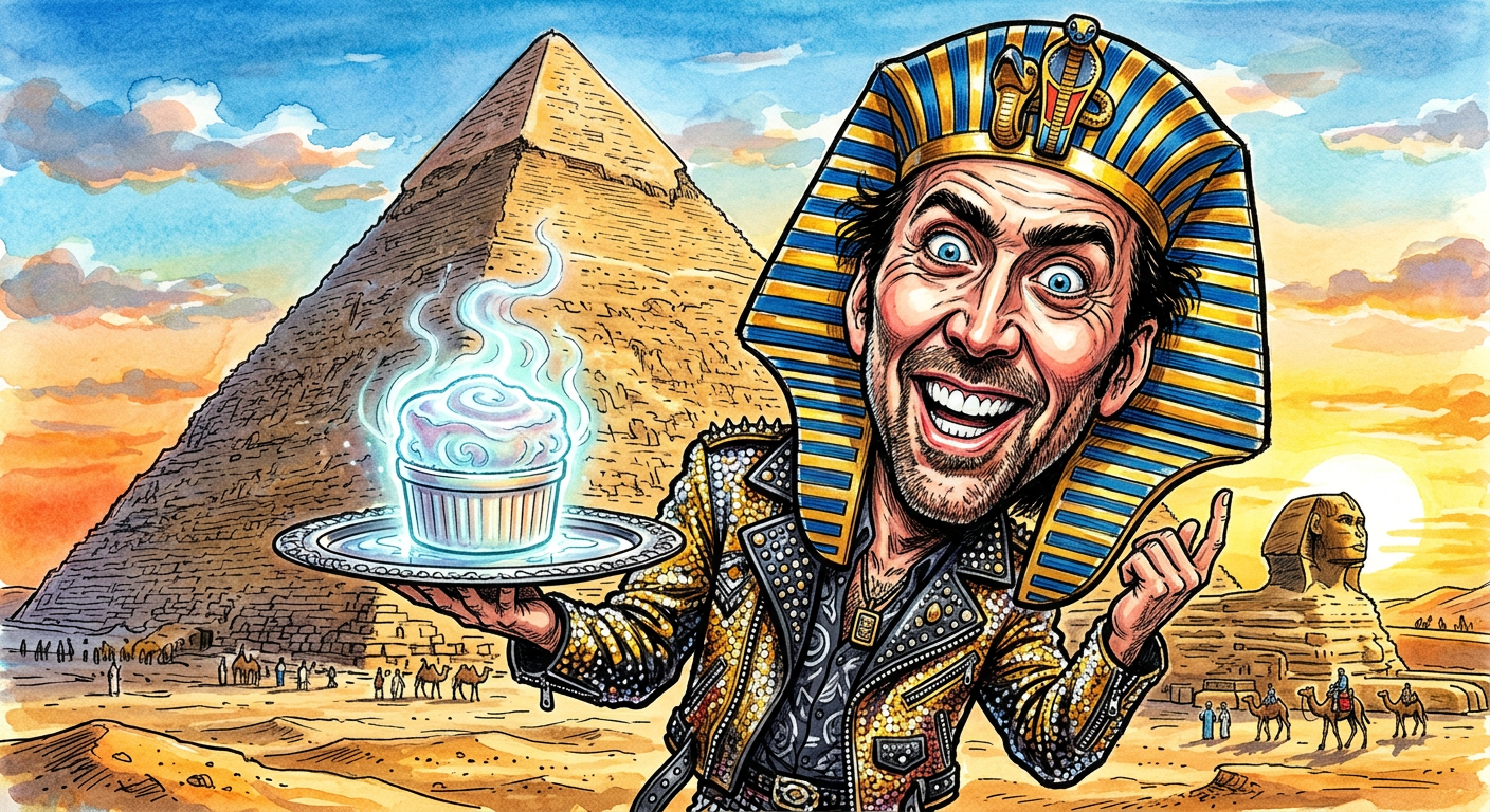 A caricature of the actor for the article Nicolas Cage Buys Haunted Pyramid to Keep His Collection of Ghostly Souffles Safe showing him dressed as a stylish pharaoh.