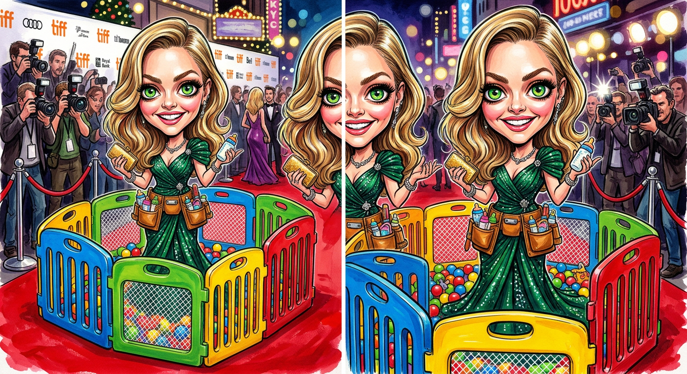 A caricature of the actress for the article Seyfried Vows To Only Work Within Three Feet Of Her Backyard Playpen shows her posing with a gold Oscar and a diaper bag.