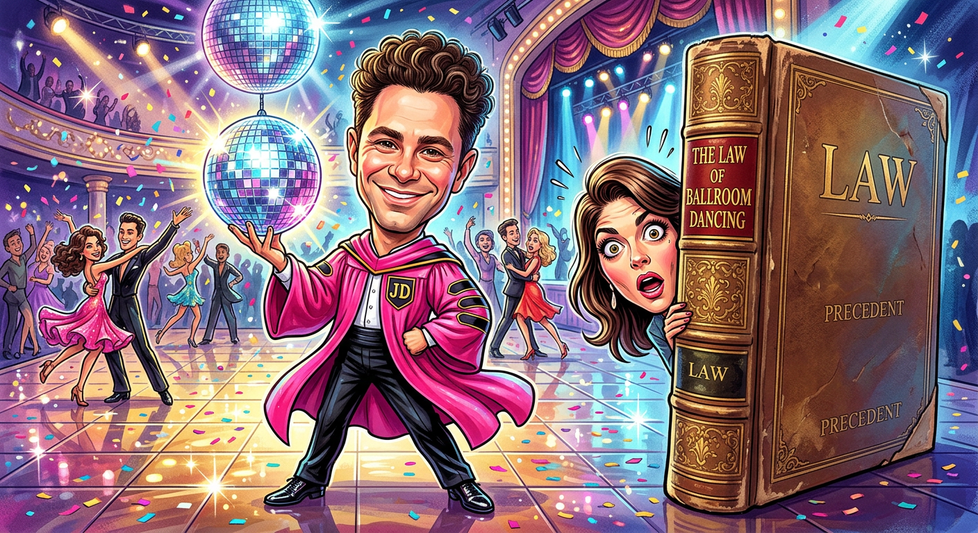 A satirical illustration titled Former Pro Sasha Farber Claims He Is Legally Blonde Through Family Association showing the dancer in a pink graduation cap.