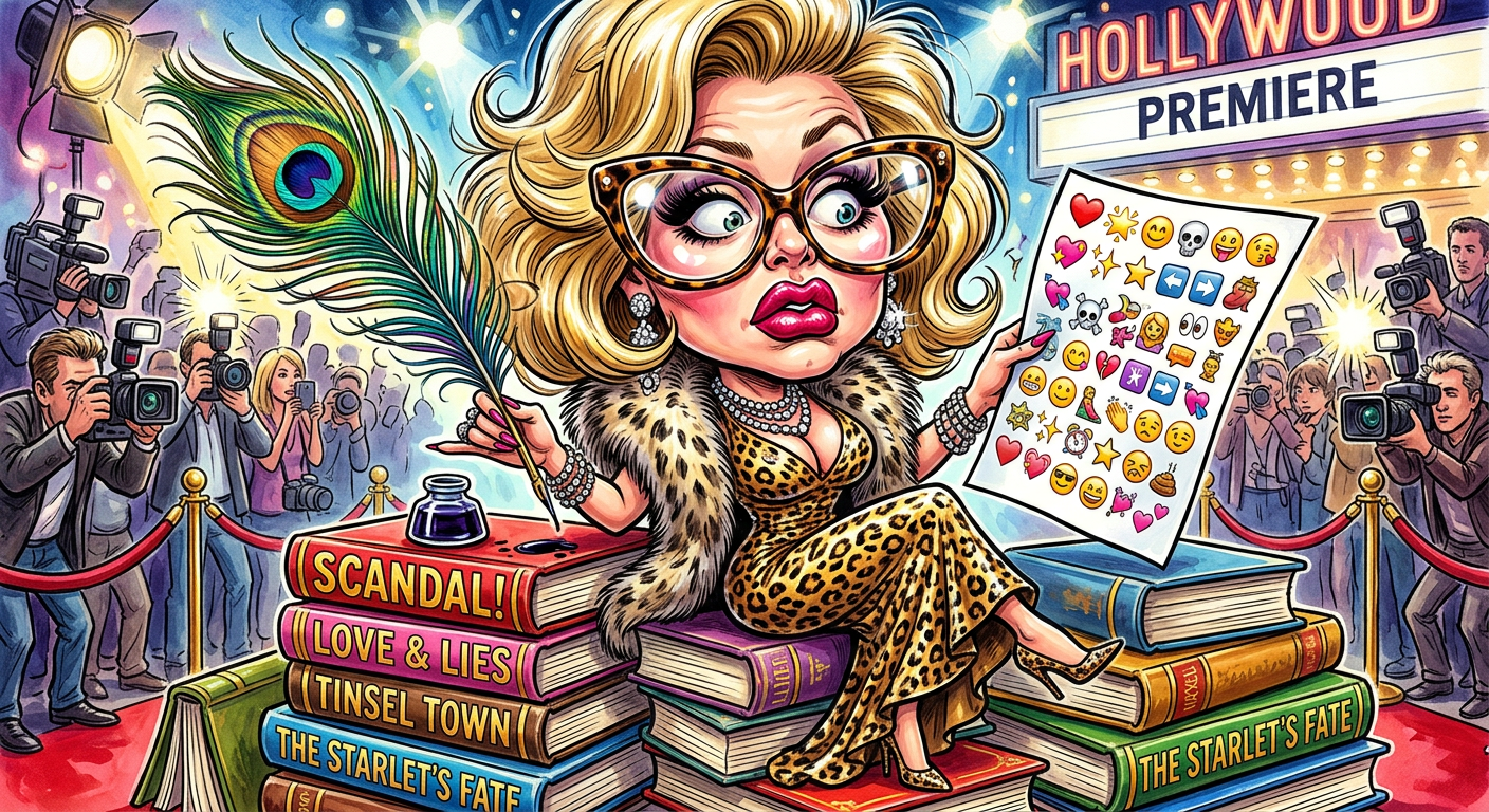 A caricature of a celebrity author struggling with a manuscript for the article Local Celeb Writes Entire Autobiography in Emoji and We Are Low-Key Obsessed.
