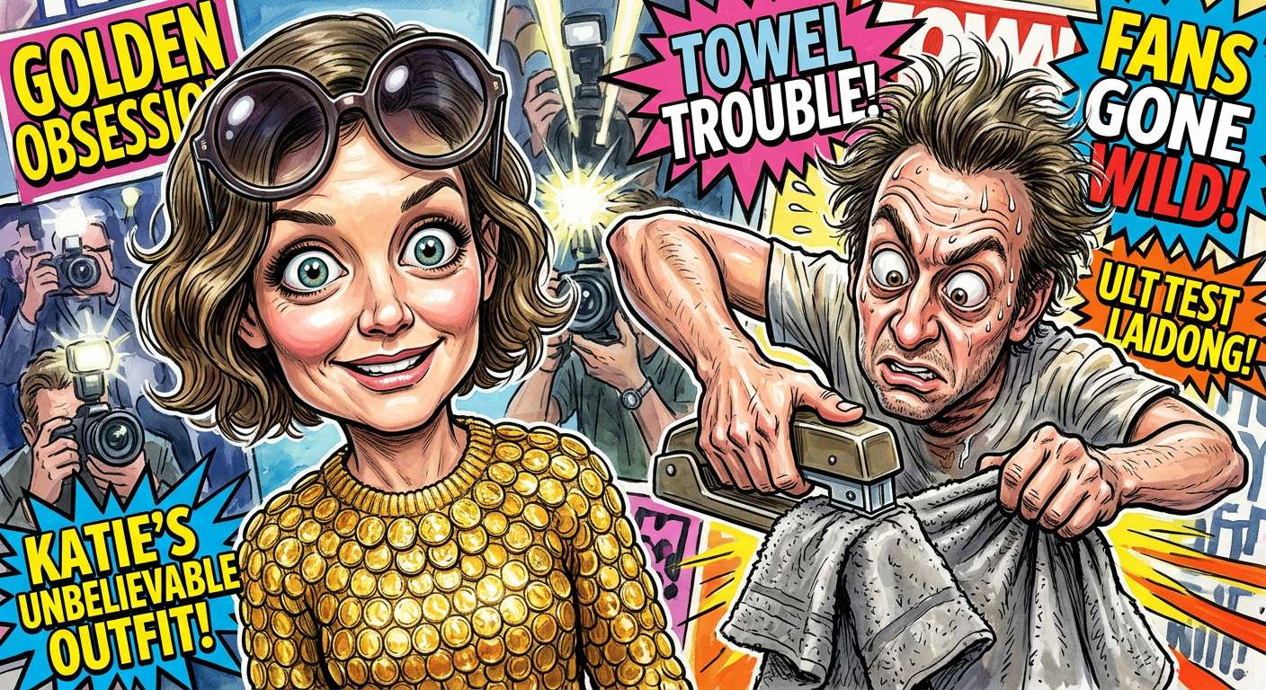 A caricature illustrating the article Local Woman Successfully Impersonates Katie Holmes Using Three Old Blankets and Glue shows a fan trying to mimic a luxury outfit with household items.