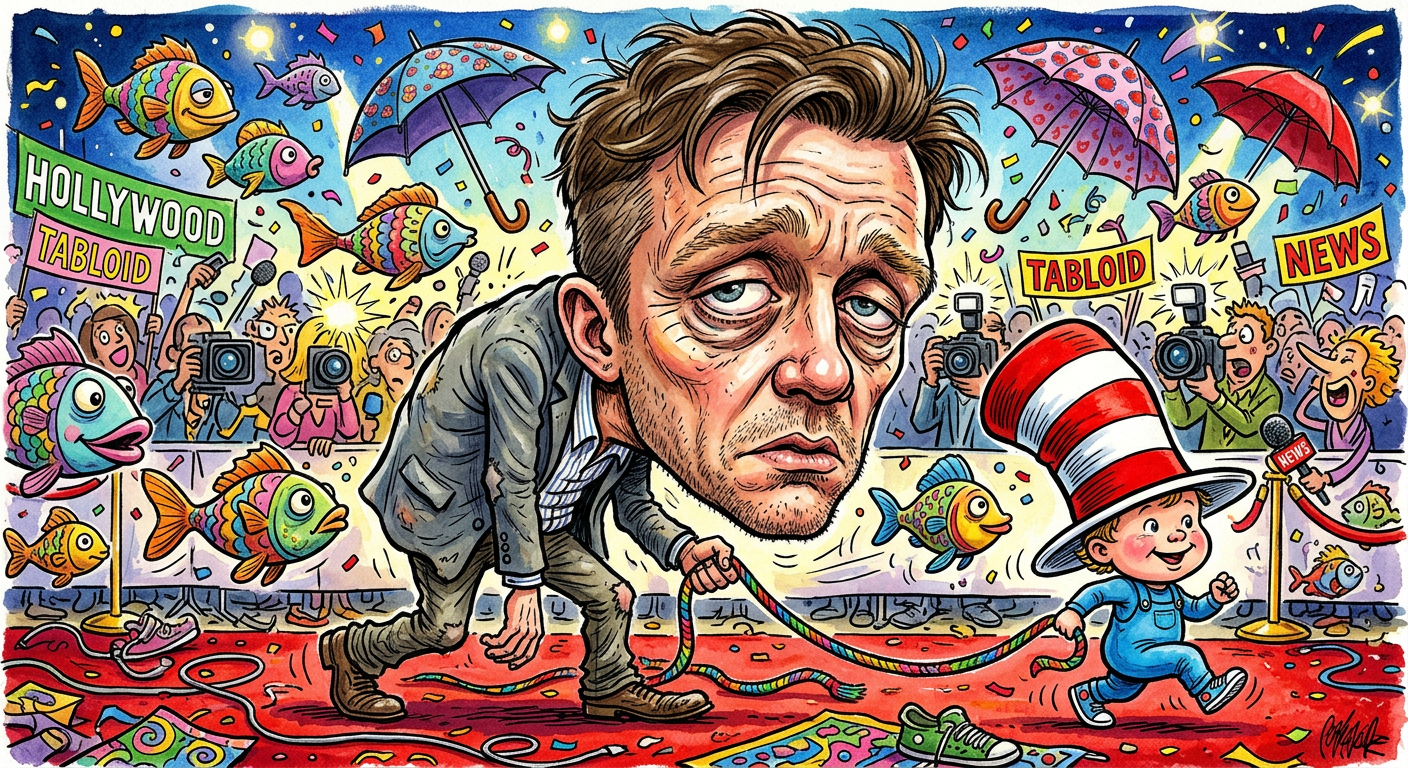 A caricature illustration depicting the article Brat Pack Veteran Anthony Michael Hall Enslaved by Toddler at Cat in the Hat Premiere showing the actor being dragged by his son.